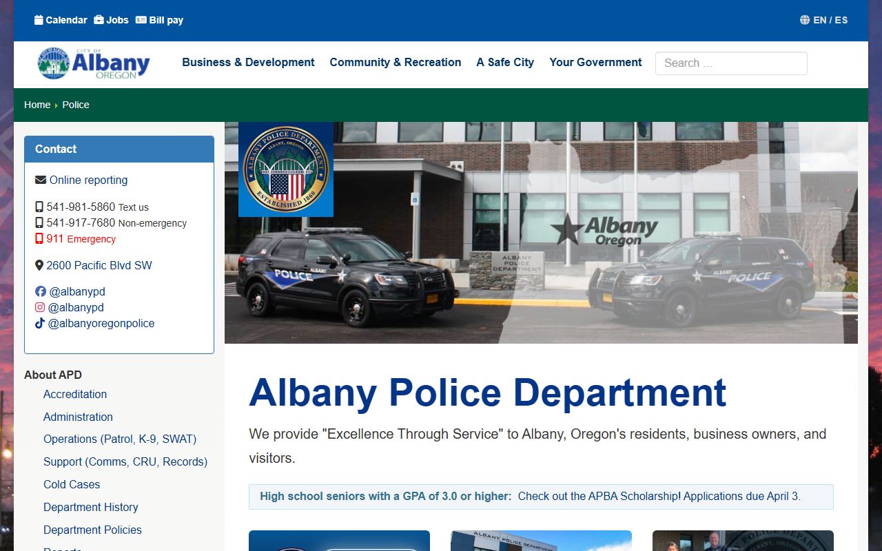 Albany Police Department main page for booking record info