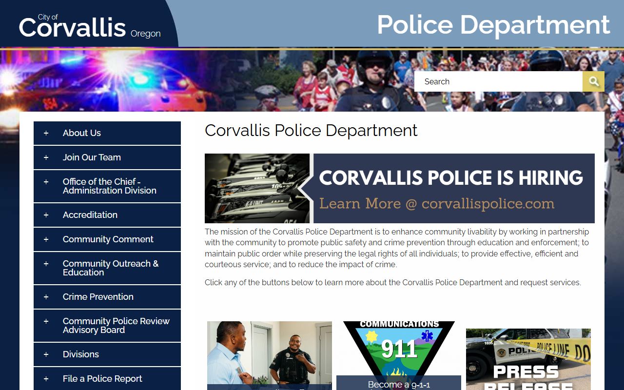 Corvallis Police Department main page for booking record info