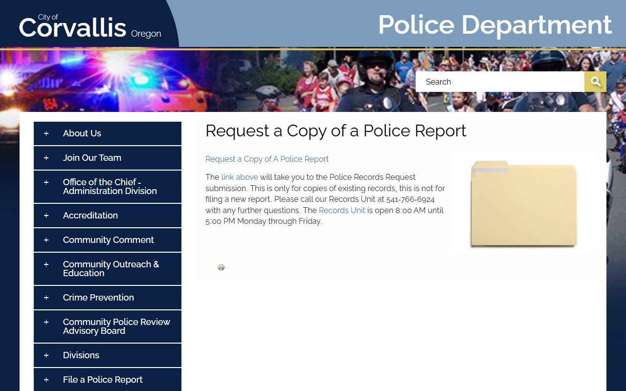 Corvallis Police report copy request for booking records
