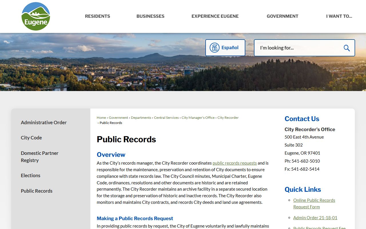 City of Eugene public records for booking record access