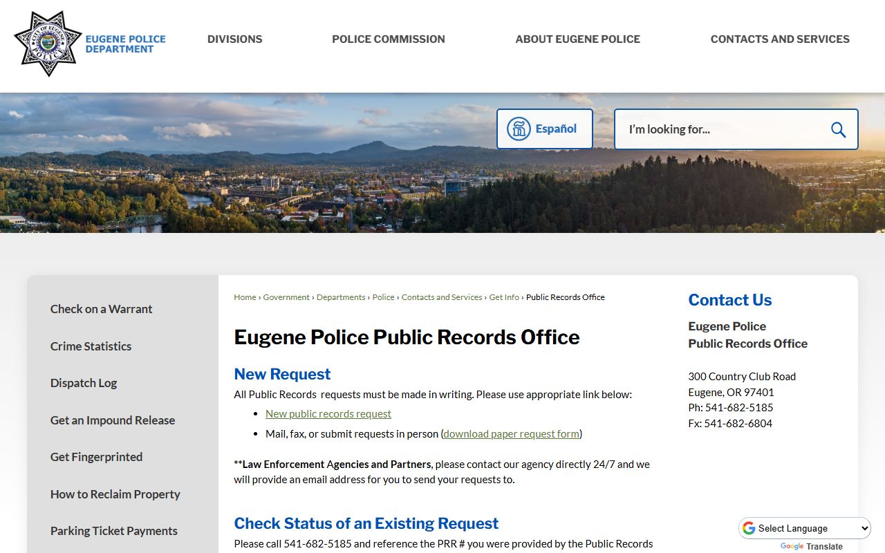 Eugene Police public records office for booking data