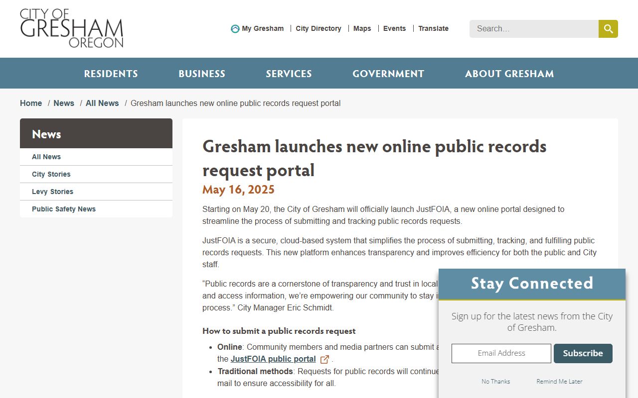 Gresham launches online portal for booking record access