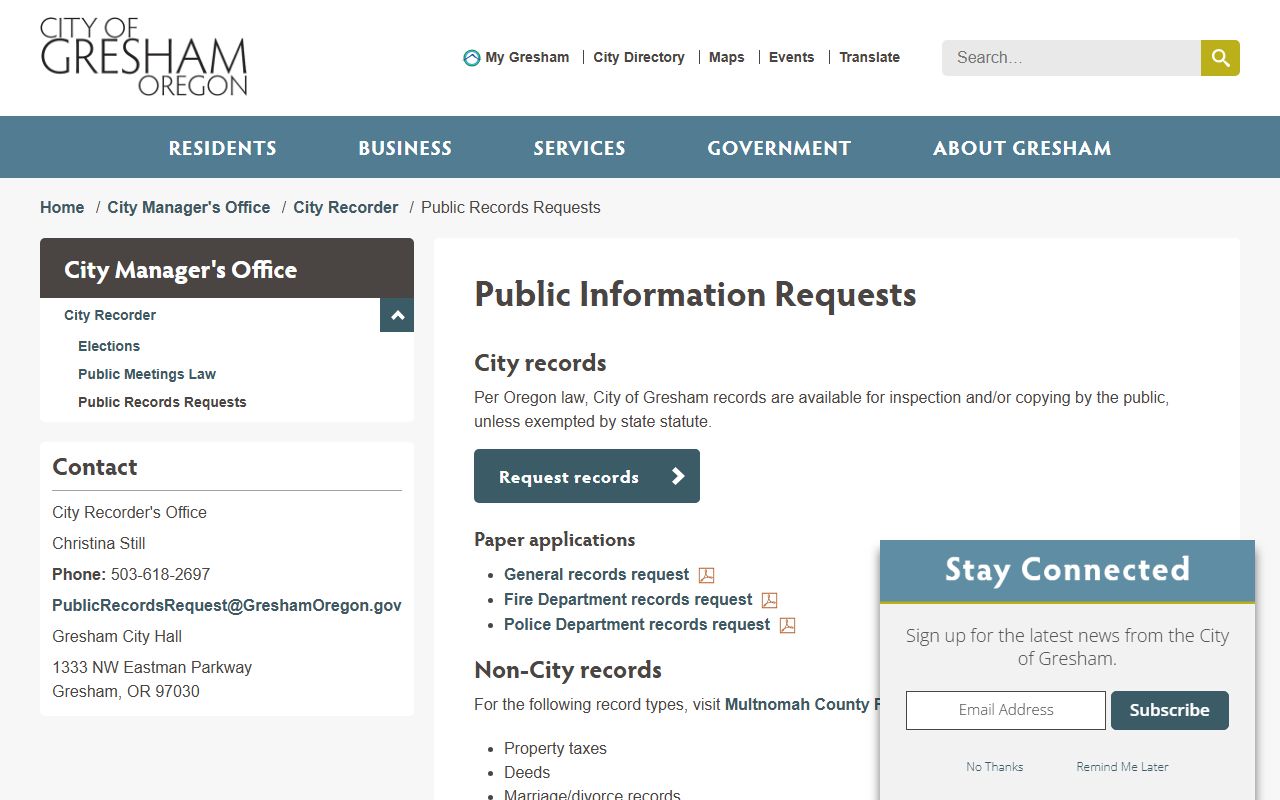 Gresham Police public information requests for booking records