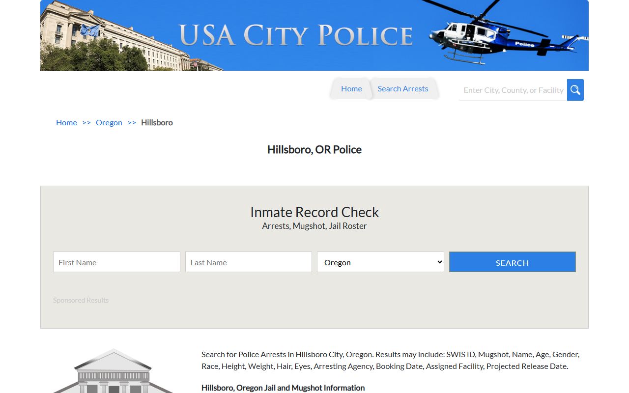 Hillsboro Police Department records contact for booking data