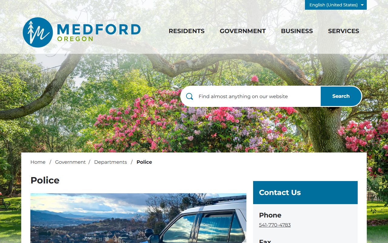 Medford Police Department main page for booking record info