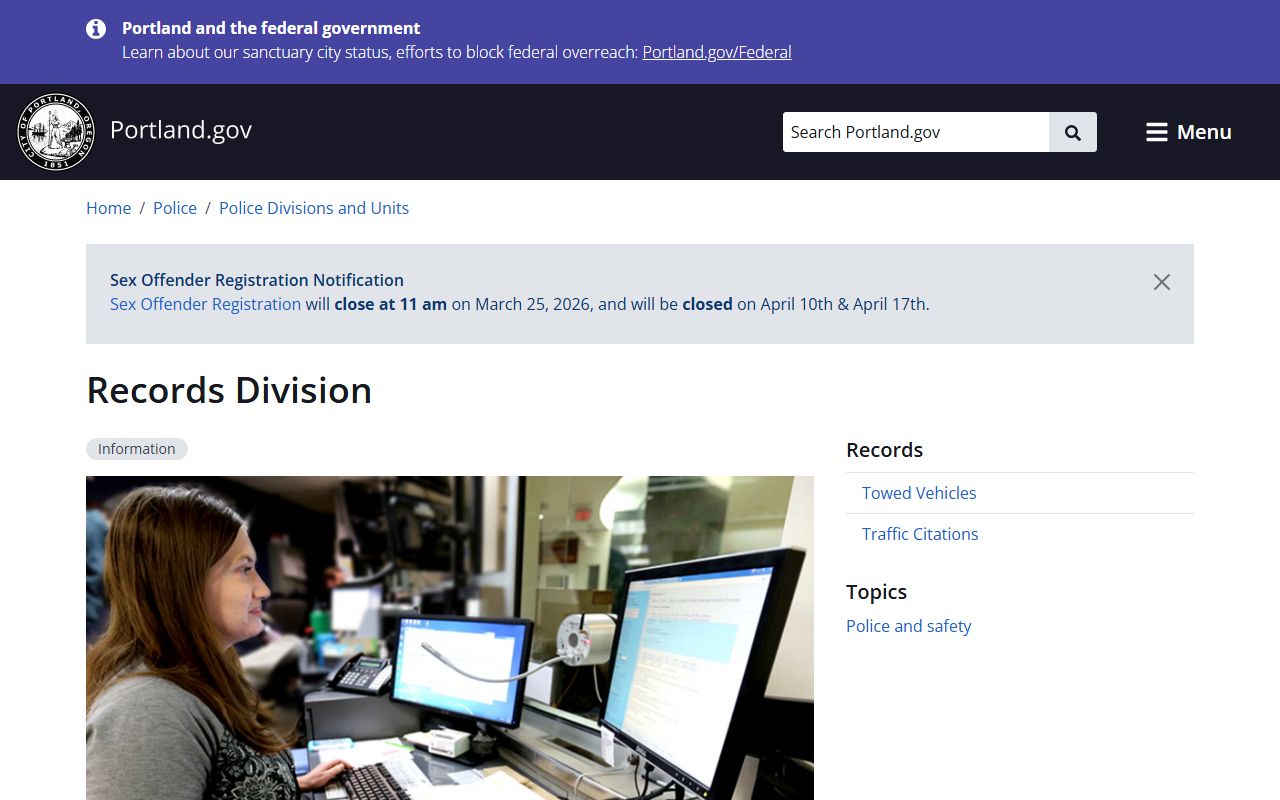 Portland Police Bureau records division for booking data