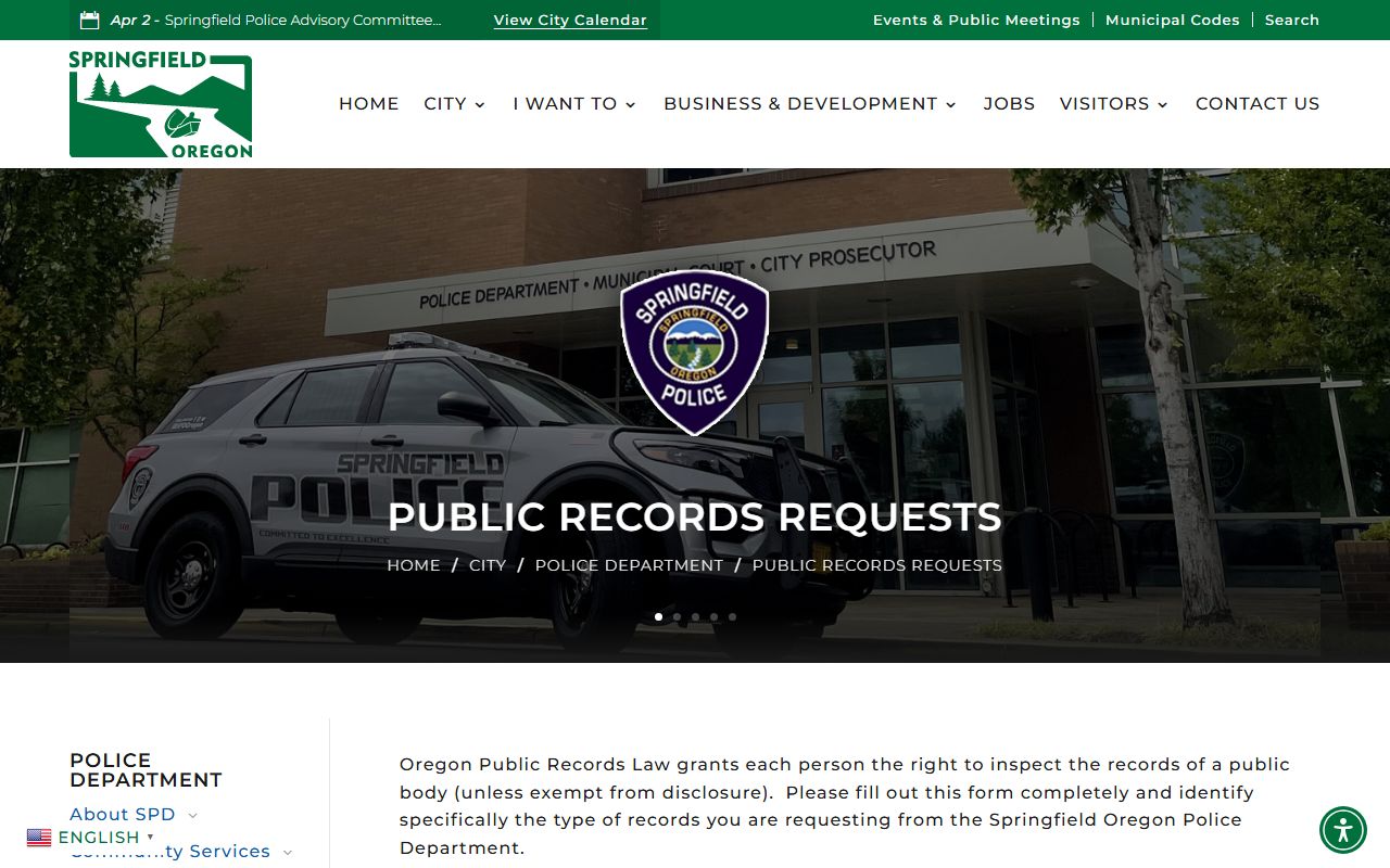 Springfield Police records request form for booking data