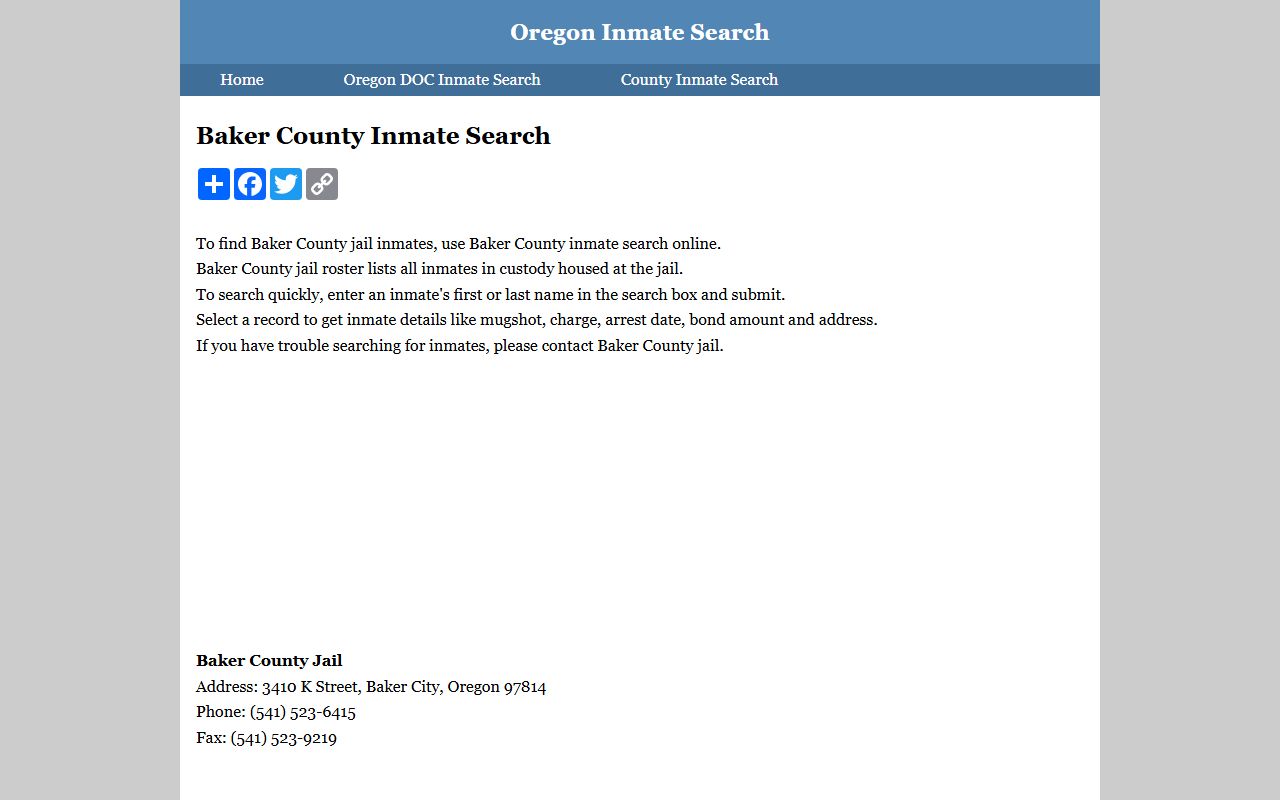 Baker County inmate search page for 72 hour booking records in Oregon