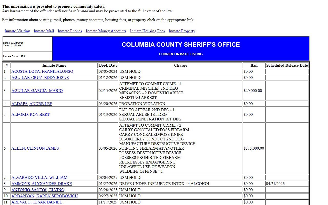 Columbia County Jail inmate list for 72 hour booking records in Oregon