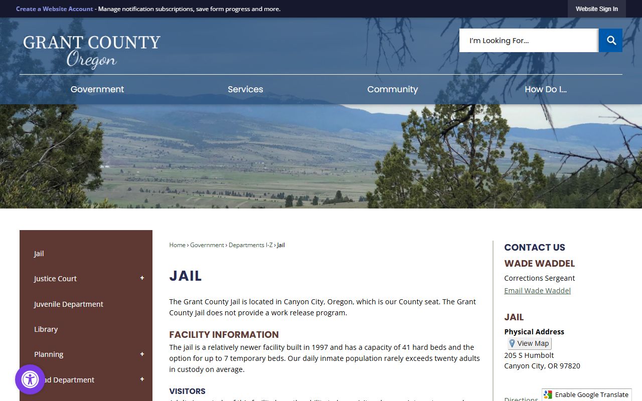 Grant County jail official page for 72 hour booking records in Canyon City Oregon