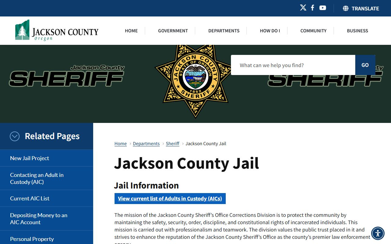 Jackson County Jail information page for booking records in Medford Oregon