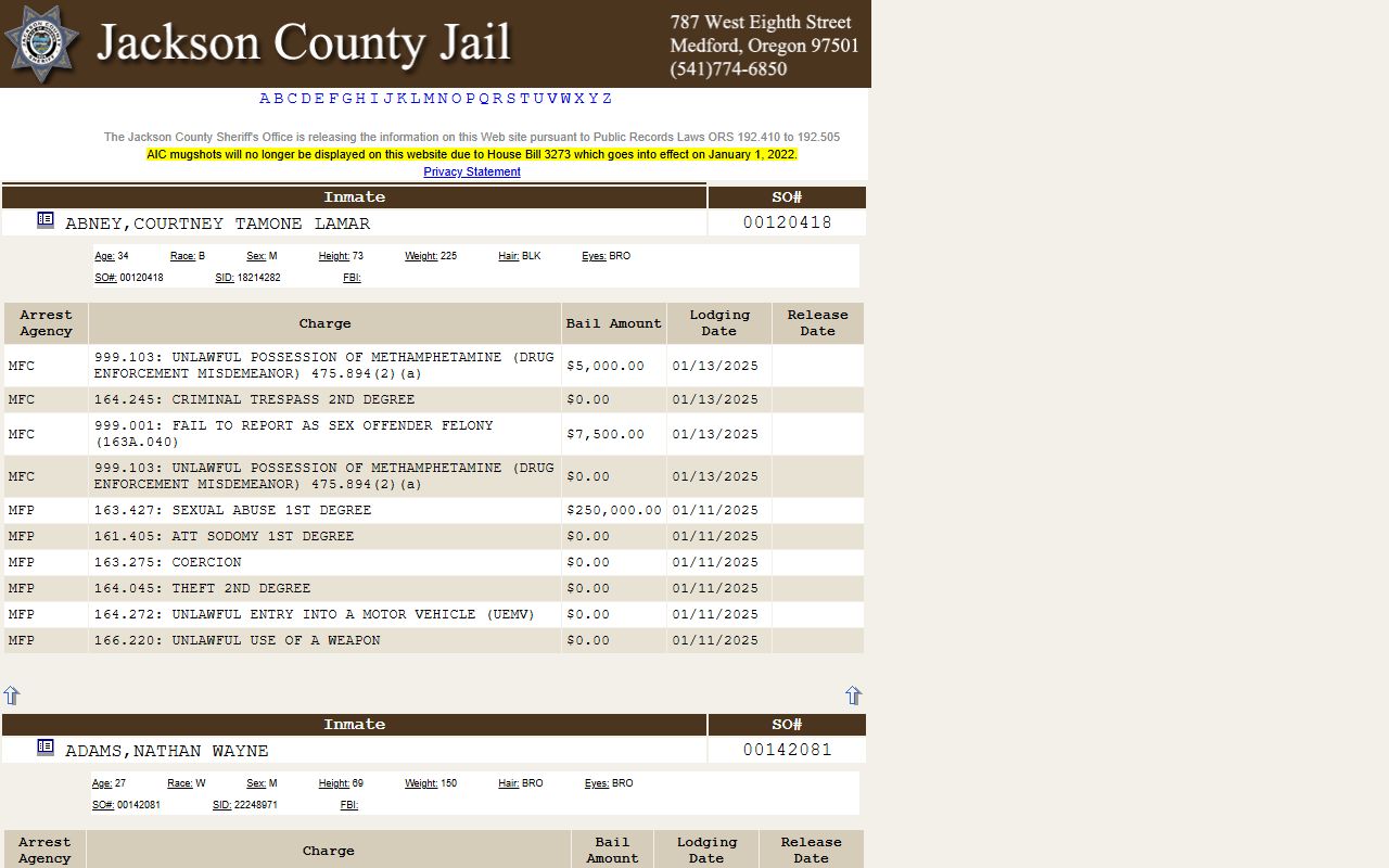 Jackson County official inmate roster for 72 hour booking records in Medford Oregon
