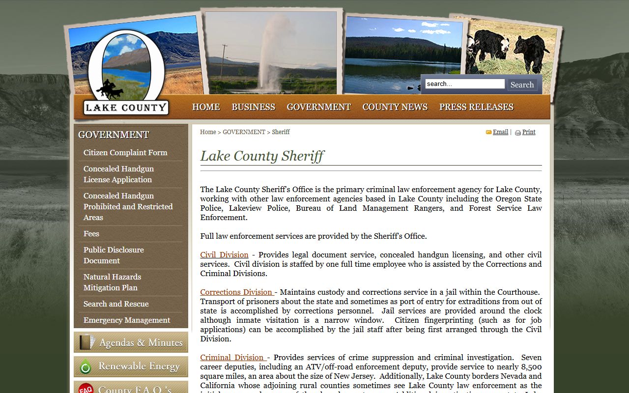 Lake County Sheriff official page for booking records in Lakeview Oregon