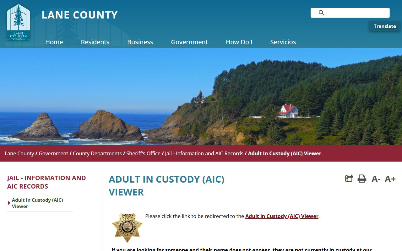 Lane County adult in custody viewer for 72 hour booking records in Oregon