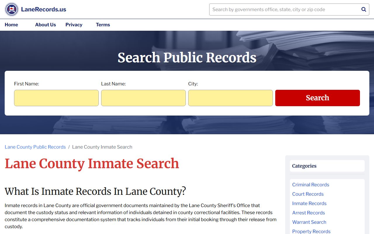 Lane County inmate records page for 72 hour booking data in Eugene Oregon