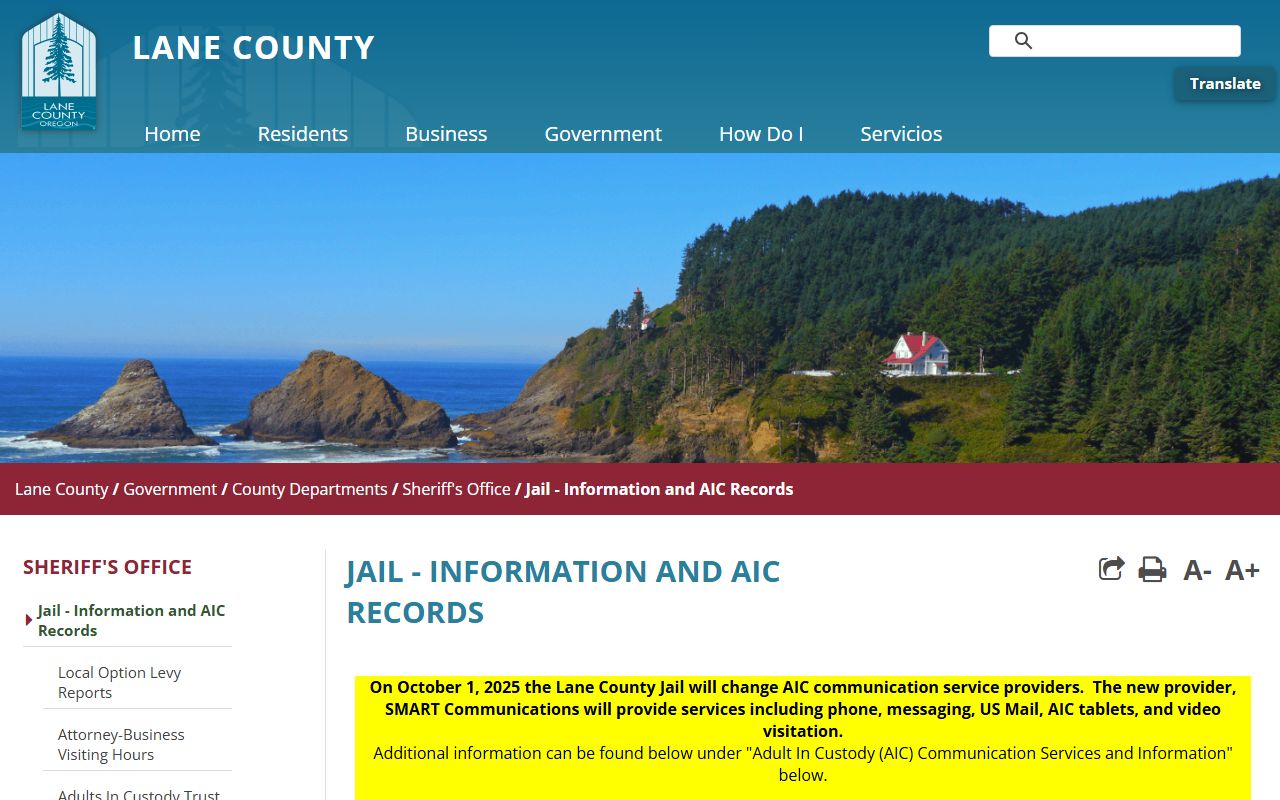 Lane County Jail information page for booking records in Eugene Oregon