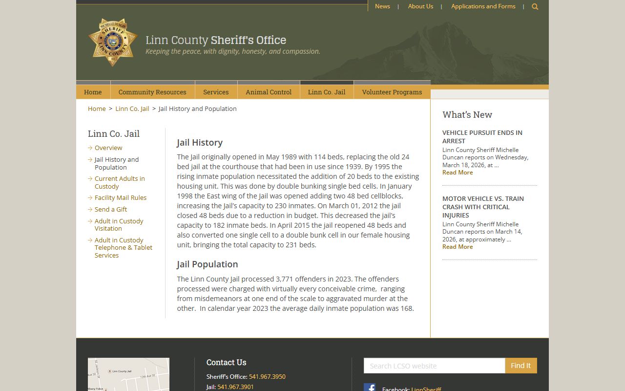 Linn County Jail history and population data for booking records in Oregon