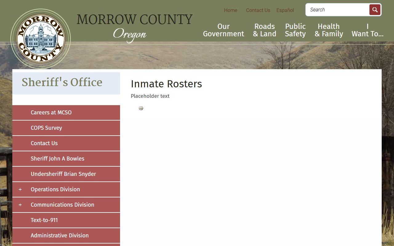 Morrow County inmate roster page showing booking records in Oregon