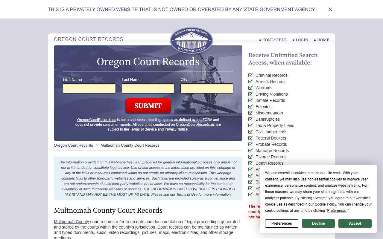 Multnomah County criminal records page for 72 hour booking lookups in Portland Oregon