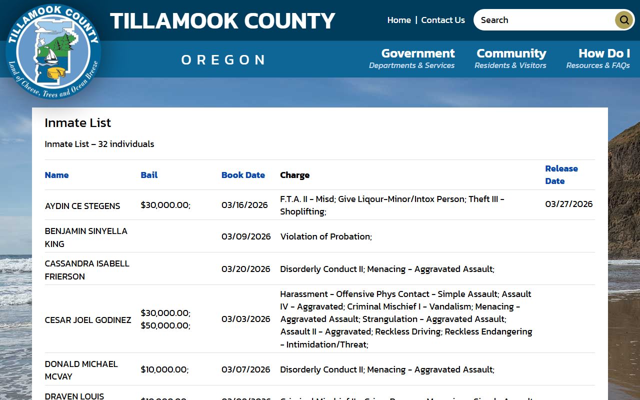 Tillamook County inmate list showing booking records in Oregon