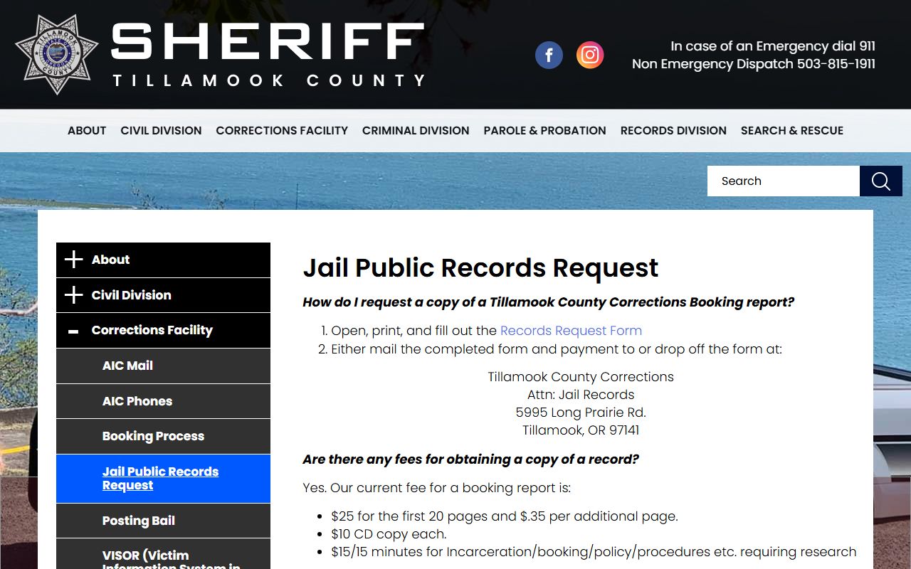 Tillamook County jail public records request page for booking data in Oregon