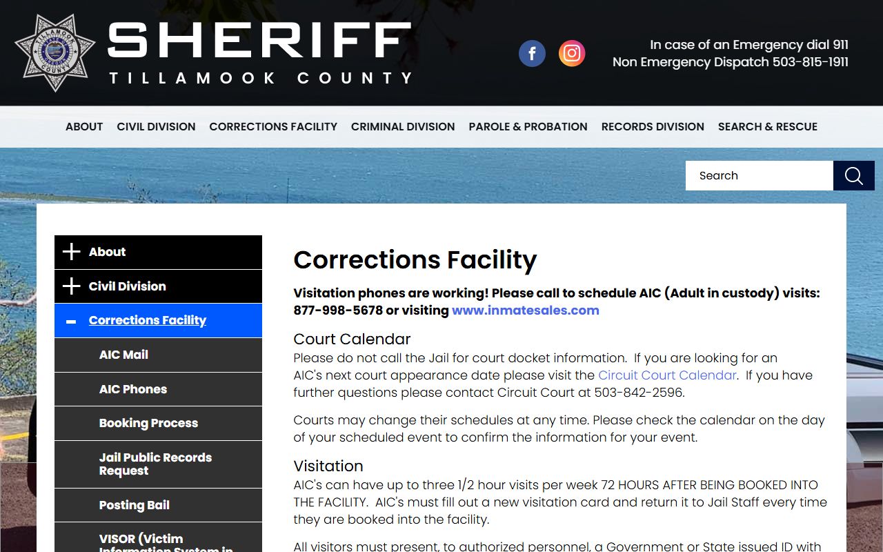 Tillamook County Sheriff's Office corrections facility information for booking records