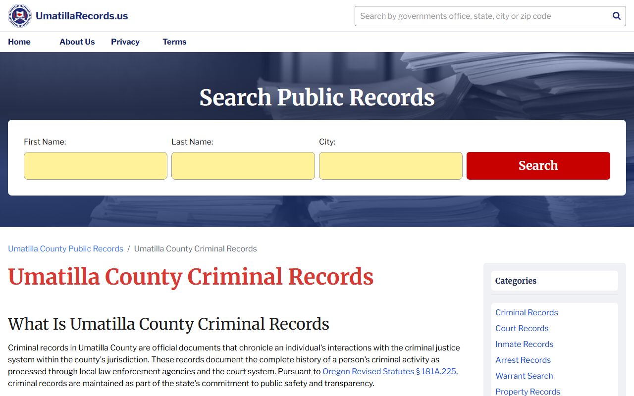 Umatilla County criminal records search page for booking information in Pendleton Oregon