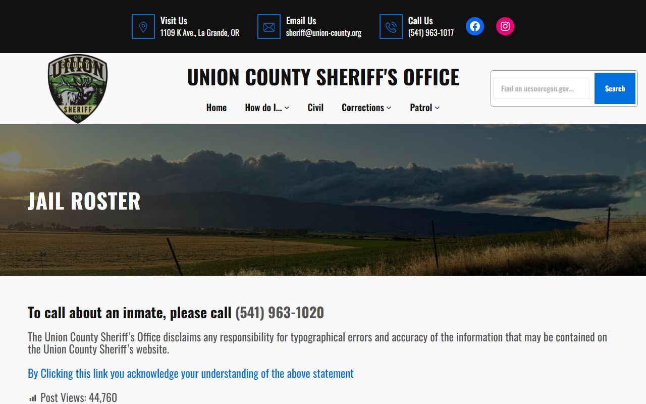 Union County jail roster showing current booking records in La Grande Oregon