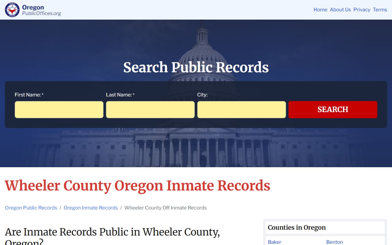 Wheeler County inmate records search page for 72 hour booking data in Fossil Oregon