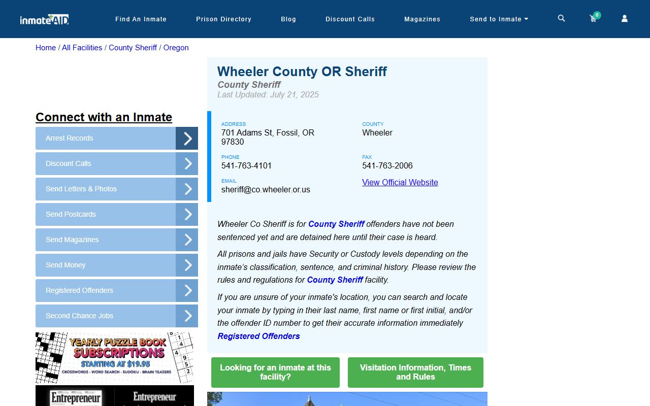 Wheeler County Sheriff's Office on InmateAid for 72 hour booking inmate records