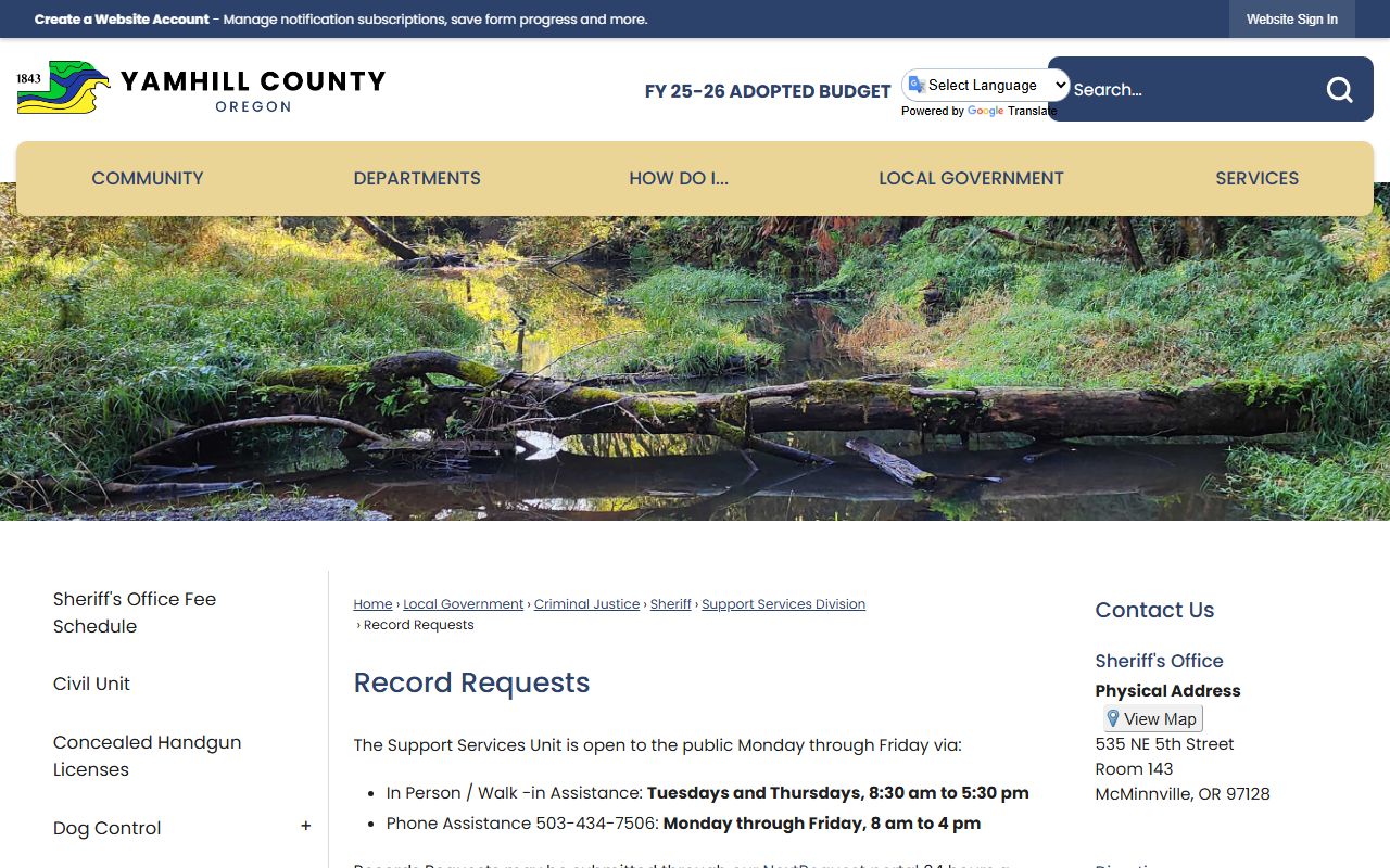 Yamhill County record requests page for 72 hour booking records in McMinnville Oregon