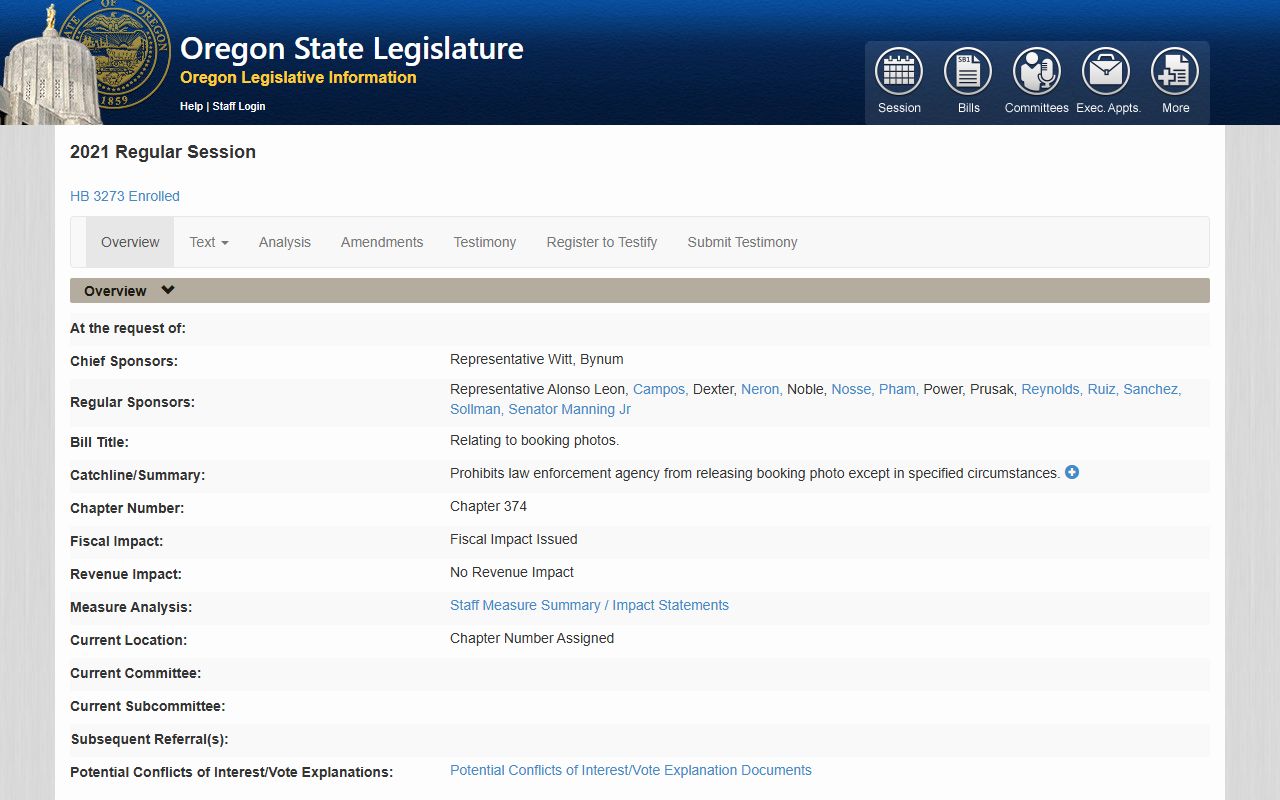 Oregon HB 3273 booking photo restrictions for 72 hour booking records