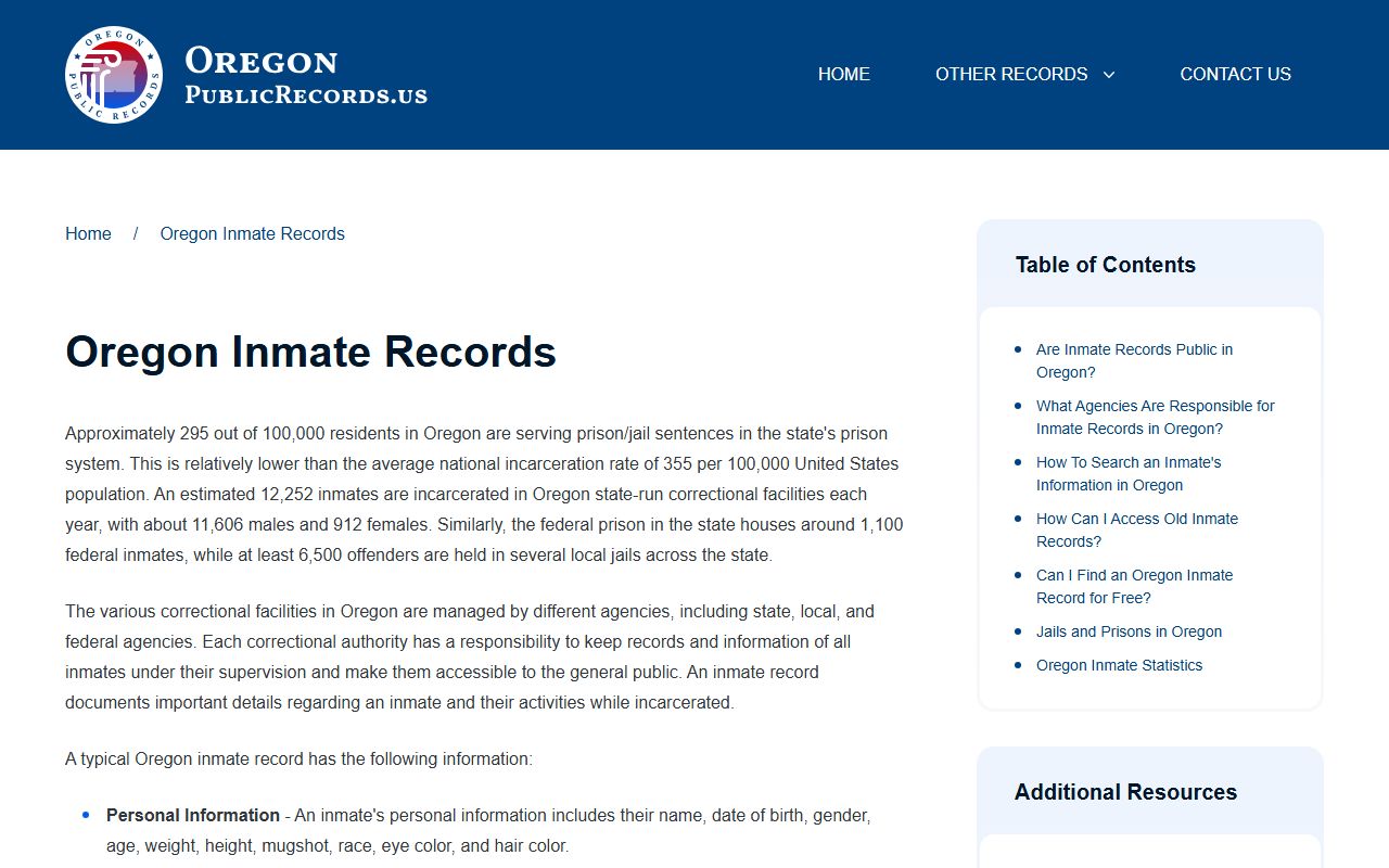 Oregon inmate statistics and 72 hour booking data