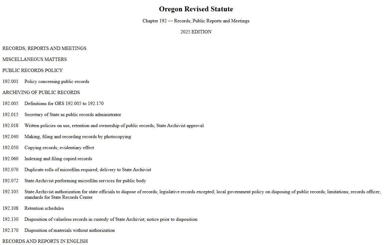 Oregon 72 hour booking records statutes chapter 192