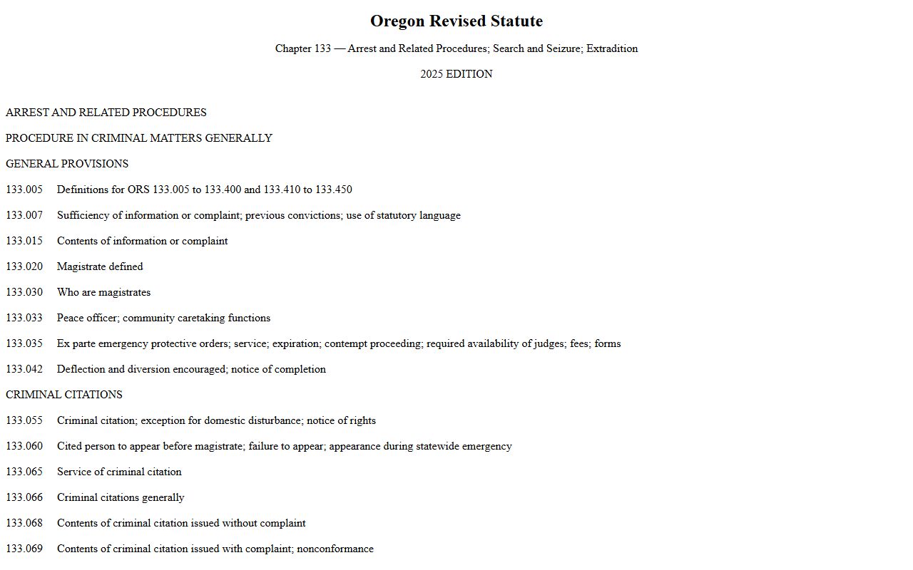 Oregon arrest and booking procedures under ORS Chapter 133